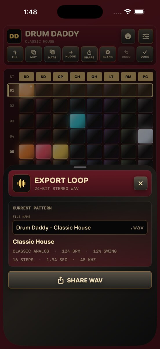 Drum Daddy WAV export screen with an editable loop filename and Share WAV button.