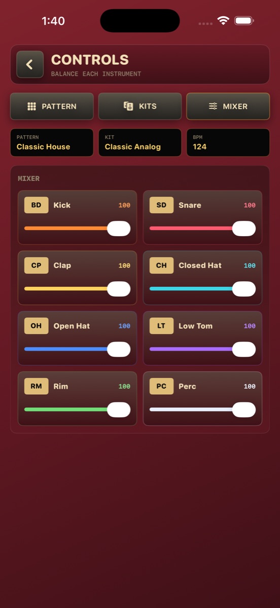Drum Daddy mixer with per-track volume controls.